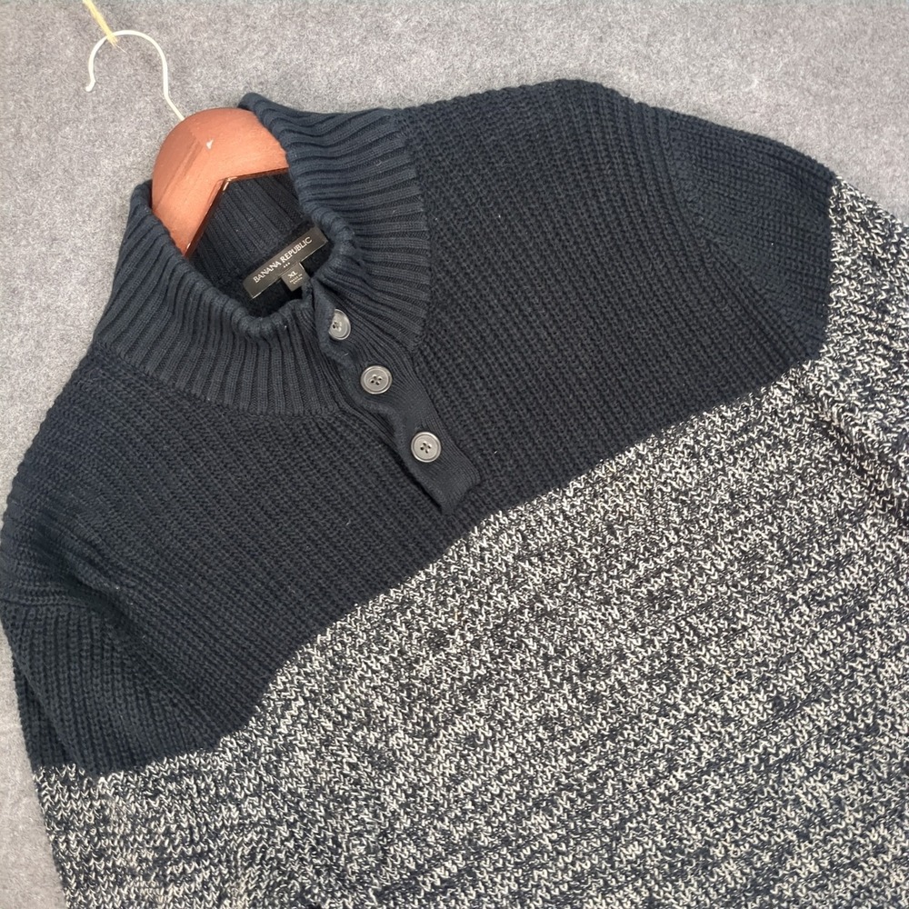 Banana Republic Mens XL Navy Blue Marled Colorblock Mock Neck Button‎ Sweater